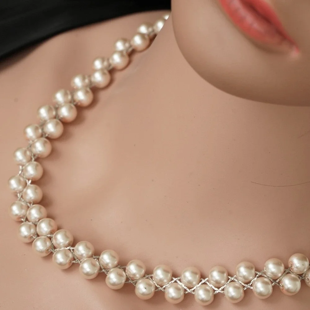 Double Strand Woven Faux Pearl Necklace Silver Tone Cream Beaded Statement Clasp
